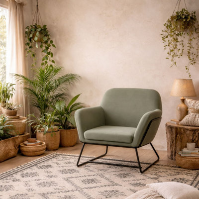 B&Q -  Marseille Sage Green Velvet Armchair Black Metal Legs