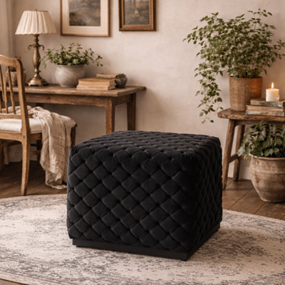 Wyld Haus Parker Small Black Velvet Diamond-Tufted Square Pouffe from B&Q