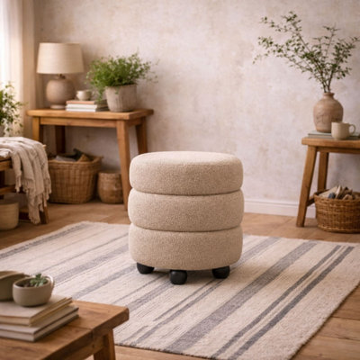 B&Q -  Antipodes Cream Chenille Round 3-Tier Pouffe