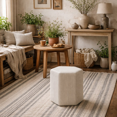 Wyld Haus Isabella Hexagon Upholstered Stool In Cream & White Stripe from B&Q