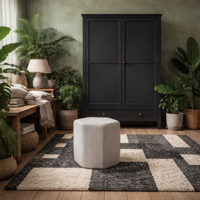 Wyld Haus Isabella Hexagon Upholstered Stool Grey And White Striped Cotton from B&Q