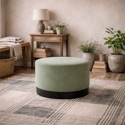 Wyld Haus Kalua Large Round Velvet Stool Sage Green Matt Black Base from B&Q