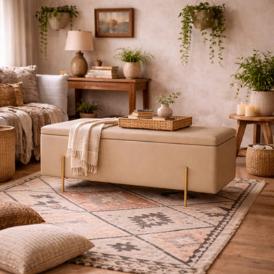 Wyld Haus Elowen Rectangular Storage Ottoman Bench Cream Velvet With Brushed Gold Legs from B&Q
