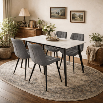Wyld Haus Bramblewood 4-Seater Marble Effect Dining Set With 4 Grey Chenille Chairs