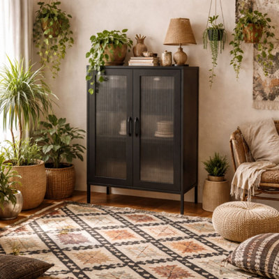 B&Q -  Barla Black Steel Cabinet With 2 Reeded Glass Doors