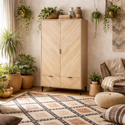 Wyld Haus Skerries 2-Door Chevron Wardrobe With Oak Drawer Panels Matt White from B&Q