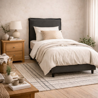Wyld Haus Wexford Deep Grey Linen 3Ft Single Bed With Padded Pillow Headboard from B&Q