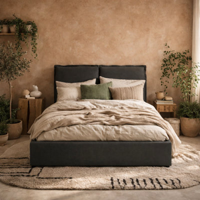Wyld Haus Wexford 5Ft King Size BedDeep Grey Linen Upholstered Pillow Headboard from B&Q