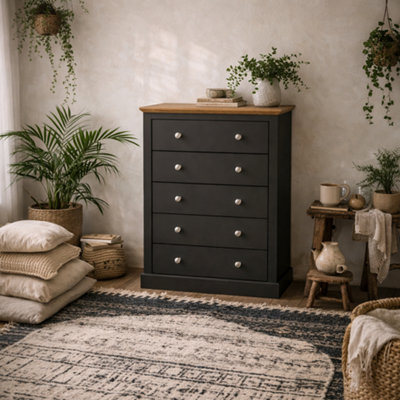 Wyld Haus Ardee Dark Grey And Natural Oak 5-Drawer Tall Wooden Chest Of Drawers from B&Q