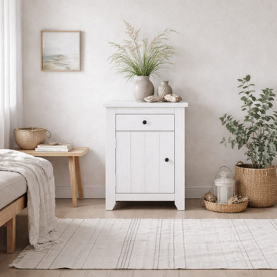 B&Q -  Tralee Panelled White-Washed Pine Bedside Table 655 X 530 X 390 mm (H X W X D)