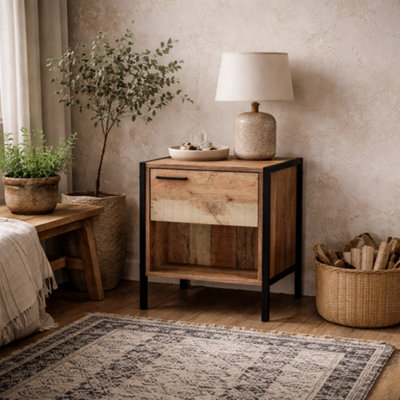Wyld Haus Lucan Oak-Effect Distressed Bedside Table 1 Drawer Open Shelf from B&Q