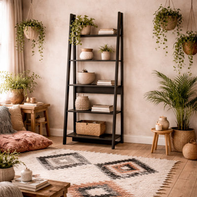 Wyld Haus Athy Black Wooden Ladder Bookcase 5 Shelves Matt Finish