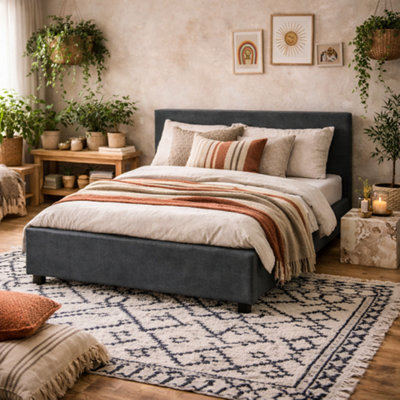 Wyld Haus Portarlington Upholstered Dark Grey Twill 4Ft6 Double Size Bed With Headboard from B&Q