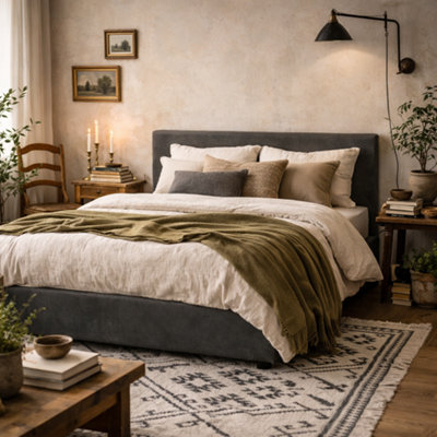 Wyld Haus Portarlington King Size (5Ft) Upholstered Dark Grey Twill Bed With Headboard from B&Q