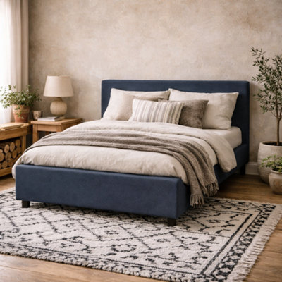 Wyld Haus Portarlington Upholstered Navy Blue Twill 4Ft6 Double Size Bed With Headboard from B&Q