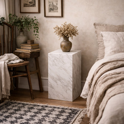 Wyld Haus Dingle White Marble Effect Small Pedestal Side Table from B&Q