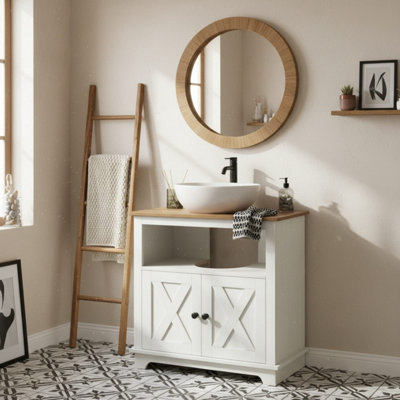 B&Q -  Venole Vara 60X30X60Cm White Under-Sink Vanity Cabinet With Brown TopDouble Doors And Internal Shelf