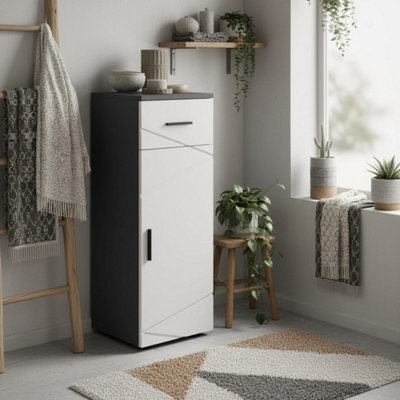 B&Q -  Fimala Slim Grey Bathroom Storage Cabinet30 X 30 X 82 CmDrawer And Double-Door Cupboard With Adjustable Shelf