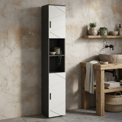 B&Q -  Nomalo Tall Minimalist Bathroom Storage Cabinet With Line Embossed Front And Adjustable ShelvesGrey30 X 30 X 183 Cm