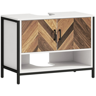 Wyld Haus Saha Rato 80W X 40D X 60H Cm Rustic Cream White Under-Sink Cabinet With Herringbone Doors And U-Shaped Cut-Out from B&Q