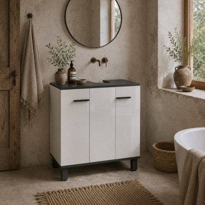 B&Q -  Kare Sala High Gloss White Under-Sink Bathroom Storage Cabinet With U-Shaped Cut-Out60W X 34D X 70H Cm