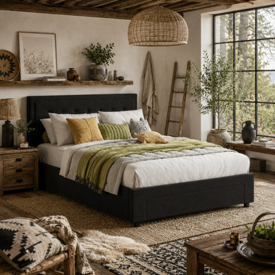 Wyld Haus Mora 4Ft6 Double Ottoman Bed Frame With Gas-Lift Storage And Front Divan Drawer Black
