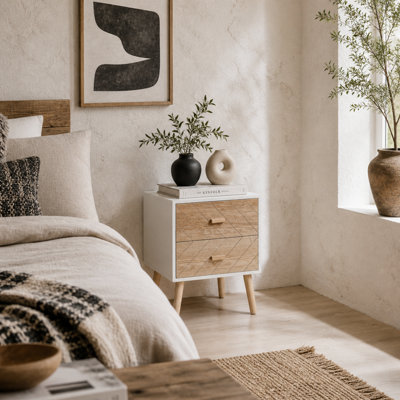 Wyld Haus Sutare 2-Drawer Bedside TableWhite And Natural WoodChevron Design40 X 30 X 55.5 Cm from B&Q