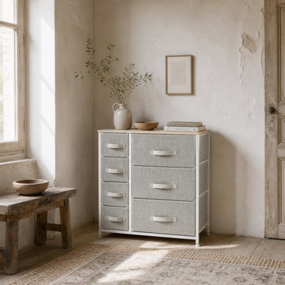 Wyld Haus Lireta 7-Drawer Fabric Storage Chest With Natural Wood TopWhiteOak & Light GreyFreestanding 63.5W X 30D X 71H Cm from B&Q