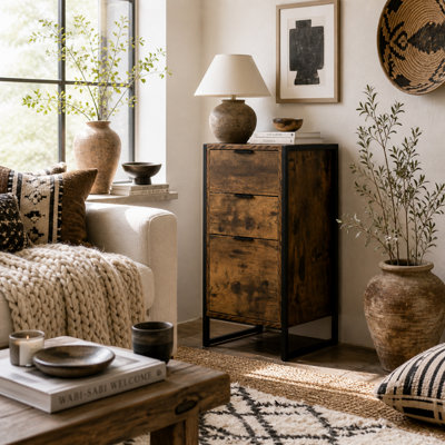 Wyld Haus Miri Rustic Brown Industrial 3-Drawer Chest With Black Metal Accents39W X 40D X 76.5H Cm from B&Q