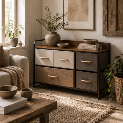 Wyld Haus Zini Brown 5-Drawer Linen-Effect Dresser With Steel Frame And Wood-Effect Top87.5W X 29D X 58H Cm from B&Q