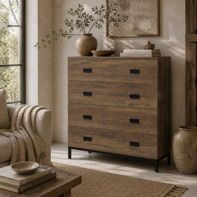Wyld Haus Paleba Romi 4-Drawer ChestRustic Brown Wood-Effect With Steel Frame And Black Handles80W X 39D X 95H Cm from B&Q