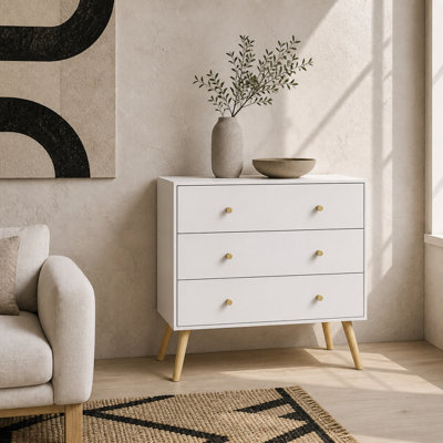 Wyld Haus Lerosa Scandi 3-Drawer White Chest With Natural Angled Wooden Legs 80W X 30D X 80H Cm from B&Q