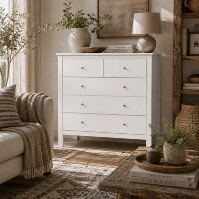 B&Q -  Kesumo Wide 5-Drawer Chest Of Drawers In White79W X 39.5D X 80.5H Cm