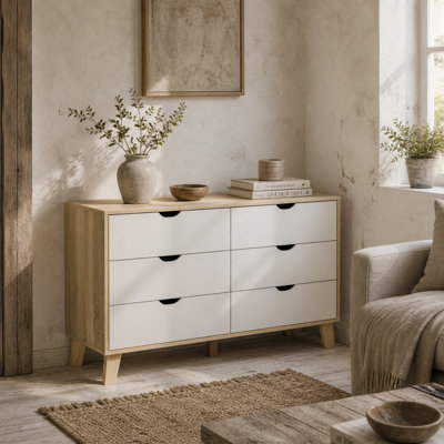 Wyld Haus Valu Wide 6-Drawer Chest In White And Light Wood With Wooden Legs120W X 40D X 76H Cm from B&Q