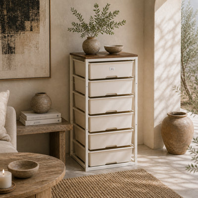 Wyld Haus Kedina Tall 6-Drawer Chest With Steel Frame And Walnut-Effect TopWhite from B&Q