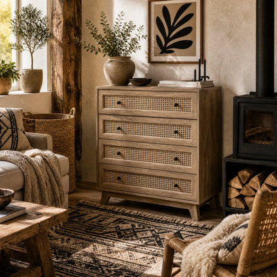 Wyld Haus Mohetak 4-Drawer Wood And Rattan-Effect Storage ChestNatural80W X 35D X 95H Cm from B&Q
