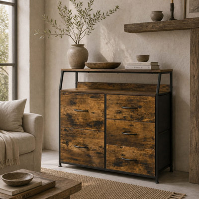 B&Q -  Rasozi 5-Drawer Metal And Fabric Chest With Open ShelfRustic Brown And Black83.5W X 29D X 87H Cm