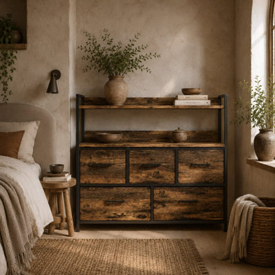 B&Q -  Yoyota 5-Drawer Fabric And Wood ChestRustic BrownBlack Steel Frame98 X 29 X 85 Cm