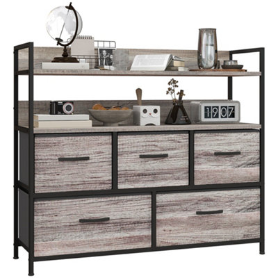 Wyld Haus Rimo 5-Drawer Fabric And Wood-Effect Chest With Open ShelvesGrey Wood Effect And Black Frame98W X 29D X 85H Cm from B&Q