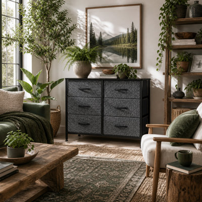 Wyld Haus Veroso Black Metal And Grey Fabric 6-Drawer Industrial Storage Dresser 80W X 30D X 62.5H Cm from B&Q