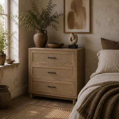 B&Q -  Zima Wood 76 Cm Wide 3-Drawer Chest Of DrawersOak-Effect With Rattan Fronts