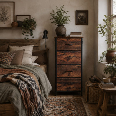 B&Q -  Balo Rustic Brown Fabric And Metal 4-Drawer Tall Storage ChestIndustrial Style.