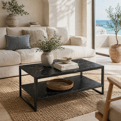 B&Q -  Minaba 2-Tier Marble-Effect Coffee Table BlackL106 X D50 X H45Cm
