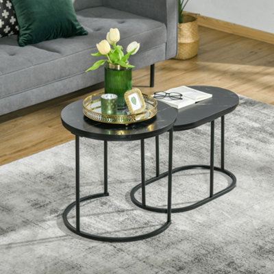 Wyld Haus Coyo Two-Piece Black And White Marble-Effect Nest Of TablesRound And OvalMatt Finish from B&Q