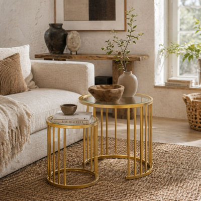 B&Q -  Livi Set Of 2 Gold Metal And Tempered Glass Round Nesting Coffee TablesArt Deco Stripe Design