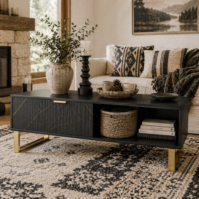 Wyld Haus Neva Black Marble-Effect Coffee Table With Fluted Drawer And Gold AccentsL100 X D50 X H40Cm