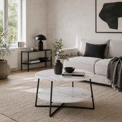 Wyld Haus Masoso Round Two-Tier Marble-Effect Coffee TableWhite Top With Black Steel Frame80Cm X 45Cm from B&Q