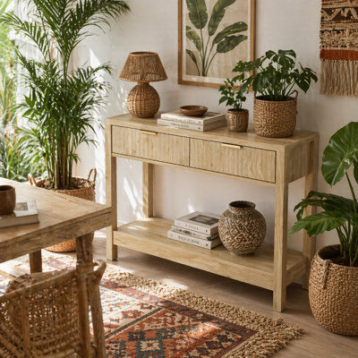 Wyld Haus Kesoyo 90Cm Slim Console Table In Natural Wood-Tone With Fluted Drawers And Lower Shelf from B&Q
