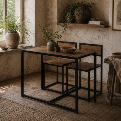 B&Q -  Lodopa 3-Piece Compact Dining SetRectangular Table With 2 StoolsOak-Effect Top And Black Steel Frame