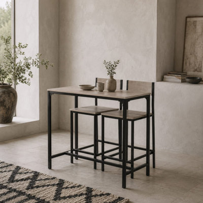 B&Q -  Riel 3-Piece Industrial Breakfast Bar Set With 1 Rectangular Table And 2 StoolsNatural Wood Finish And Black Frame